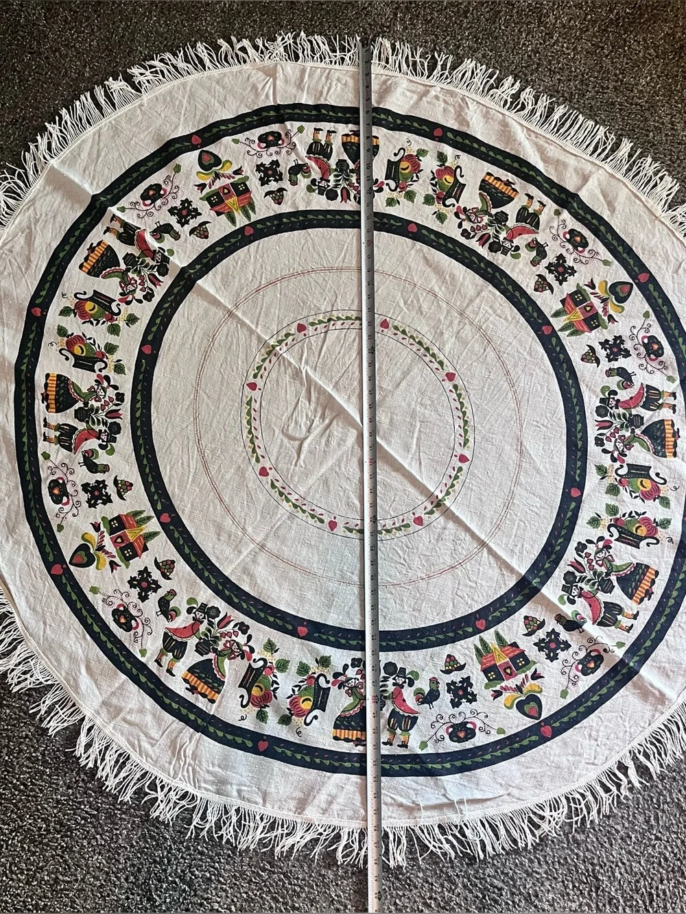 Set of 2 1950s tablecloths Pennsylvania PA Dutch Folk Art 56” Round & floral sq